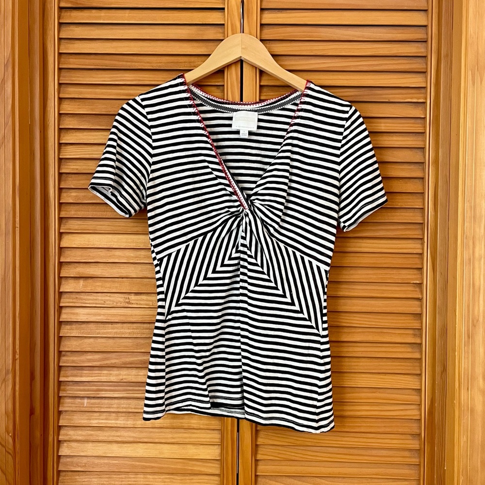 Anthropologie Black & White Striped Twist-Front Short Sleeve Top